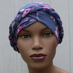Women's Braided Turban Hat Slip On & Off Headcover Floral Blue